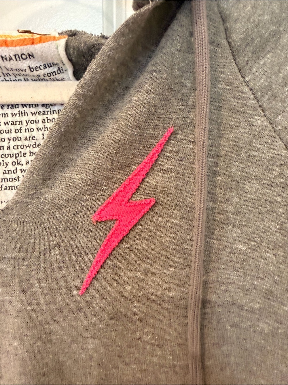 Aviator Nation Gray Hoodie with Neon Stripe Sleeve & Pink Lightning Bolt - Picture 3 of 5